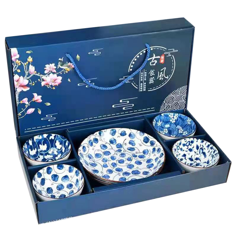 乐唯诗 NERVISHI 450*60mm 青花四碗一盘日式礼盒套装 计价单位:套