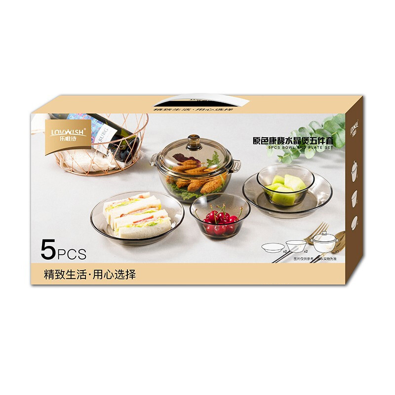 乐唯诗 NERVISHI 2.8kg 原色康馥碗盘水晶煲五件套 沙拉碗850ml*2 浅盘450ml*2 双耳煲1000ml*1 计价单位:套