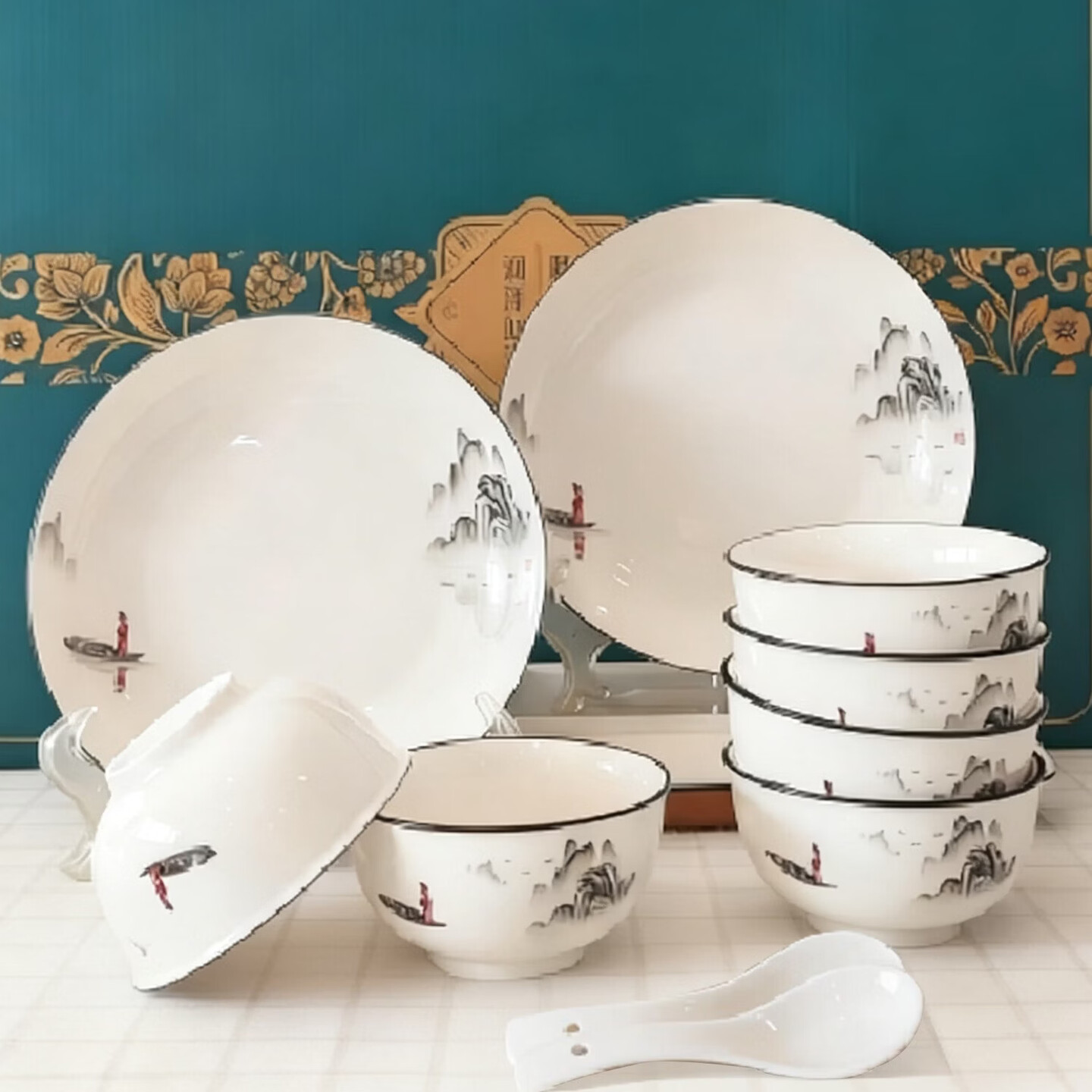 BAILOCK 陶瓷盘碗组合 北欧山水陶瓷餐具10头套装6碗+2盘+2勺